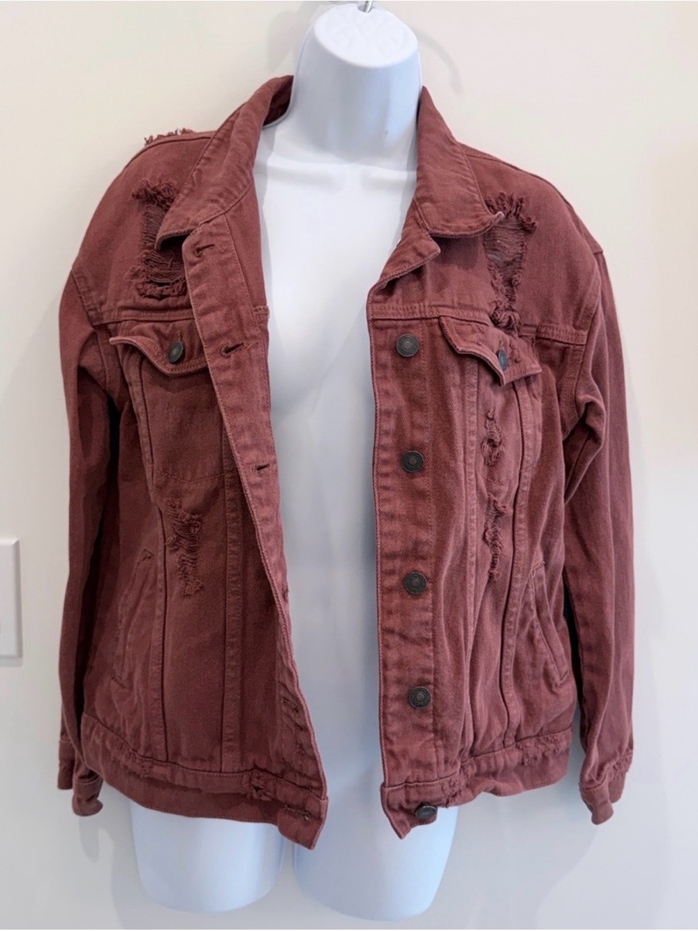Sky and Sparrow Rust Mauve Distressed Denim Jacket